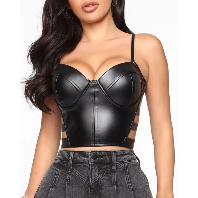

Plus Size 3XL Women Sexy Tank Top Fashion PU Leather Corset Bra Spaghetti Strap Vest Solid Zipper Bodycon Crop Tops for Ladies