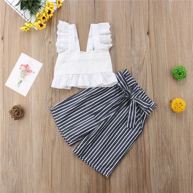 AA Girls Clothing Set Lace Toddler Kids Baby Girls White Lace Vest Crop Tops Stripes Long Pants Outfits Childrens Clothes