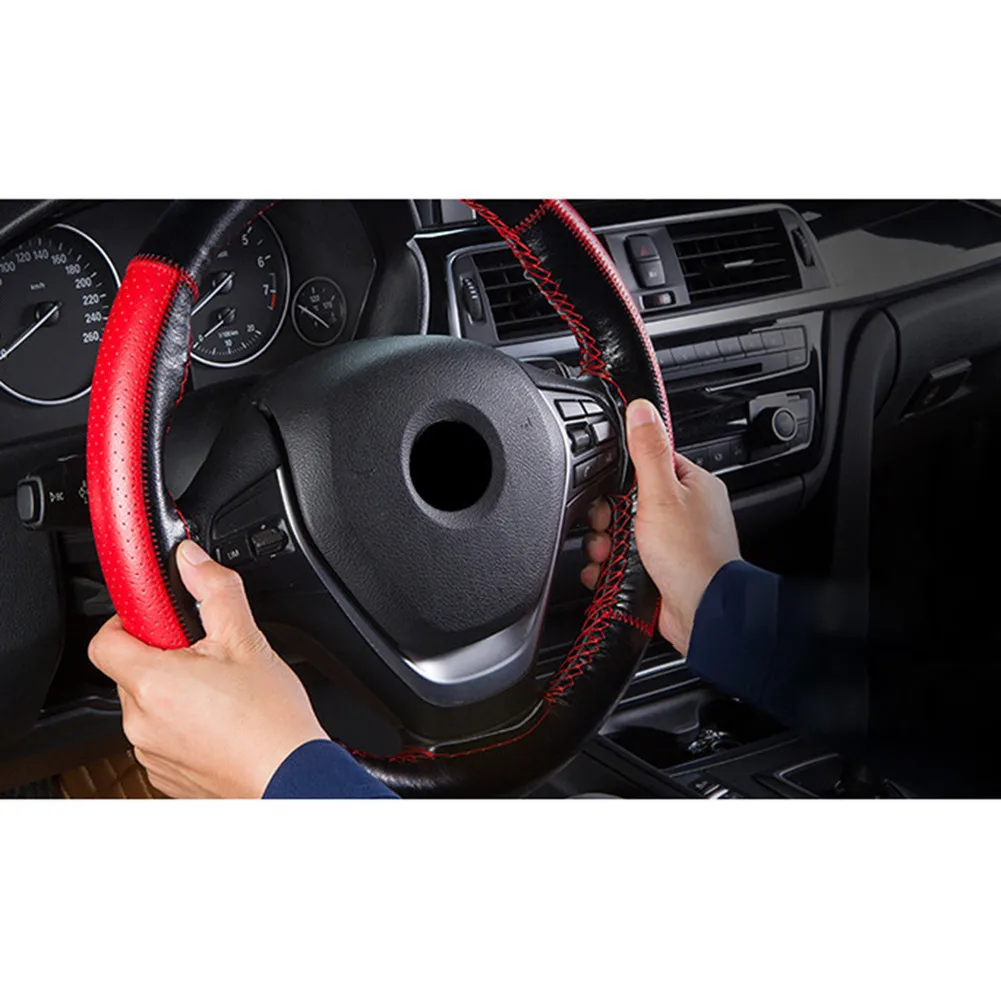 

37-38cm Steering Wheel Cover Black+Red Comfortable Feeling DIY High Leather Soft Useful