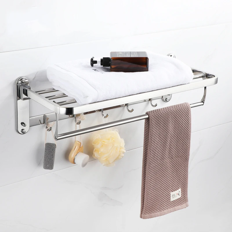 

304 Stainless Steel Towel Rack Double Shower Rack Bathroom Accessories Folding Wall Hanging Storage Hook Hanger Silver Shelf