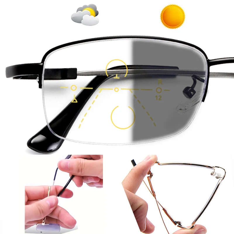 

Flexible Photochromic Reading Glasses Progressive Anti-Blue Rays Multifocal Glasses UV Protection Unbreakable Tr90 Gold/Black