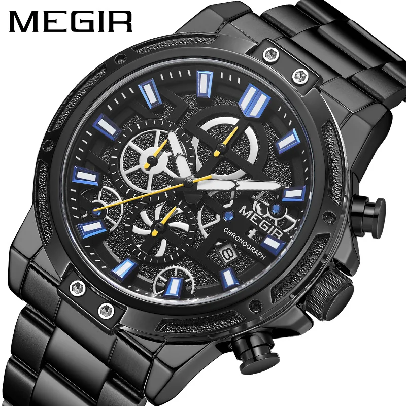MEGIR 2021 New Sports Stainless Steel Strap Fashion Men's Waterproof Calendar Multifunctional Steel Band Quartz Watches 2108G
