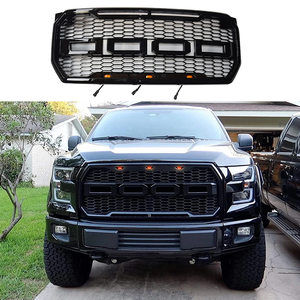 Bright black upper grille front grille Off-Road 4x4 Raptor Style Front Bumper Racing Grills  For 15-17 Ford F150 With LED Light