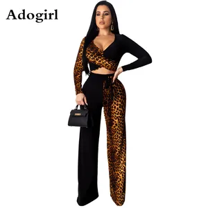 Леопардовый принт пэтчворк сексуальный комплект из двух предметов с длинным рукавом и v-образным вырезом топ + широкие штаны костюм для ночного клуба вечерние костюмы для ночного клуба