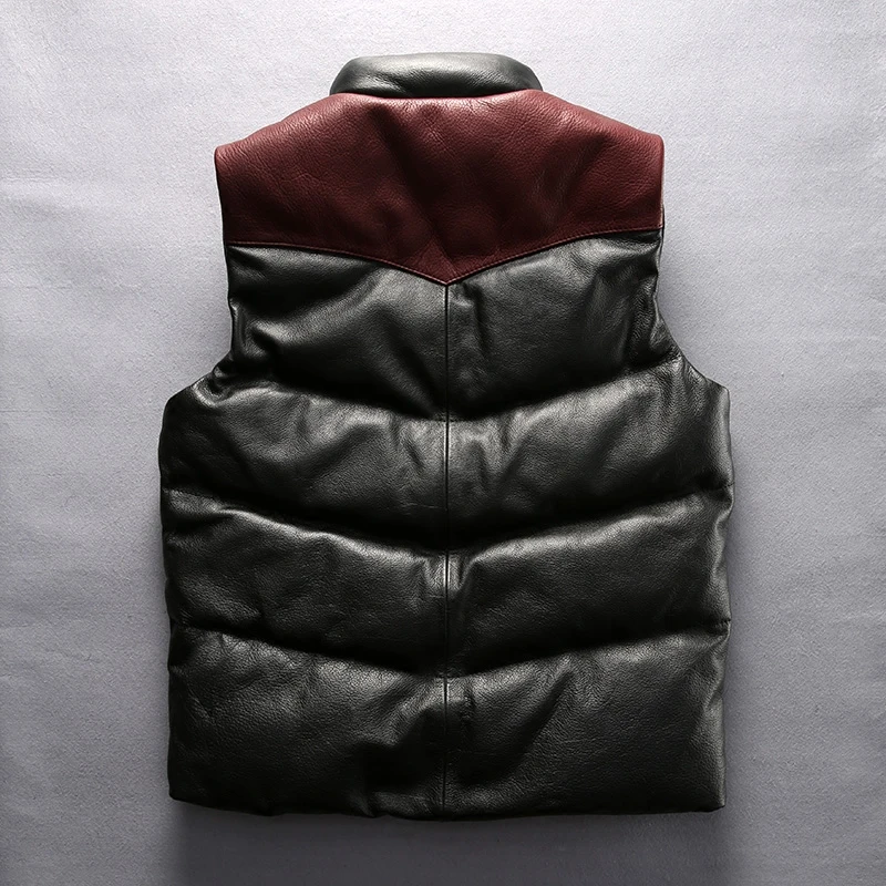 

fashion winter 2021 genuine leather vest men thick cowskin leather down vest patchwork color leather coat male