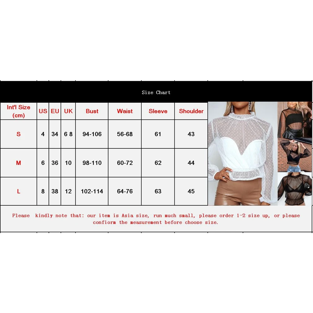

Elegant Women Ladies Perspective High neck Polka Dot Ruffles Lace Mesh Sheer Long Lantern Sleeve See-through Casual Top Shirt