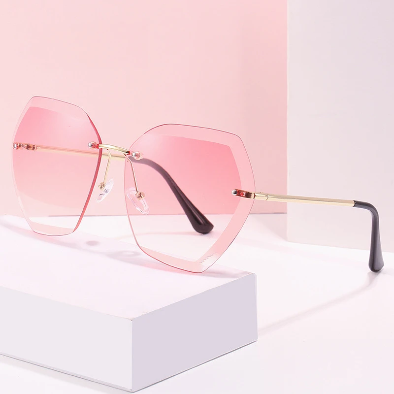 

Classic Vintage Rimless Sunglasses Woman Brand Designer Sun Glasses Female Retro Pink Gradient Polygon Fashion Oculos De Sol