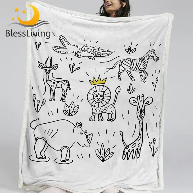 BlessLiving African Animal Bed Blanket Doodle Lion Kids Bedding Hand Drawn Wildlife Throw Blanket Cartoon Giraffe Sherpa Blanket 1
