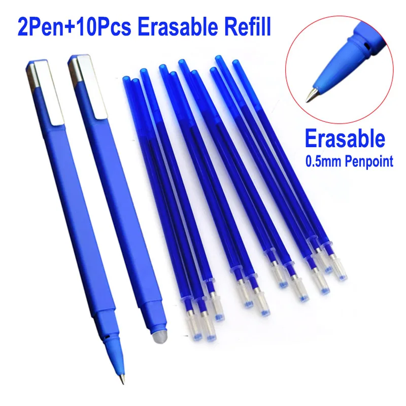 

2+10Pcs/Set Erasable Gel Pen 0.5mm Bullet PenPoint Erasable Pen Refill Rod Blue Ink Washable Handle For Office School Stationery