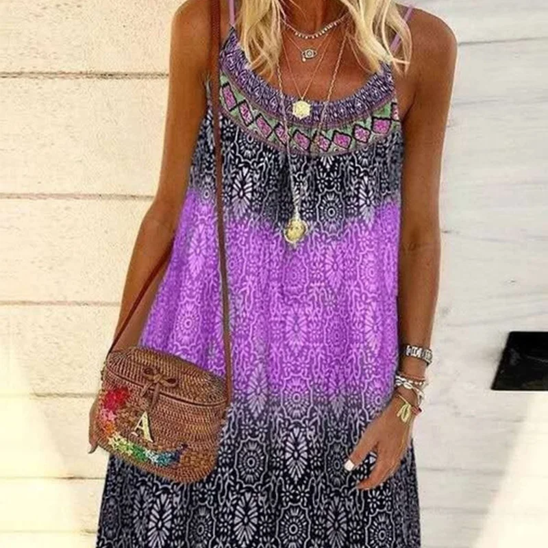 

S-5XL Summer Women Beach Dress Printed Sling Ladies Loose Bohemian Dresses A-Line Holiday Plus Size Dress Vestidos 2021