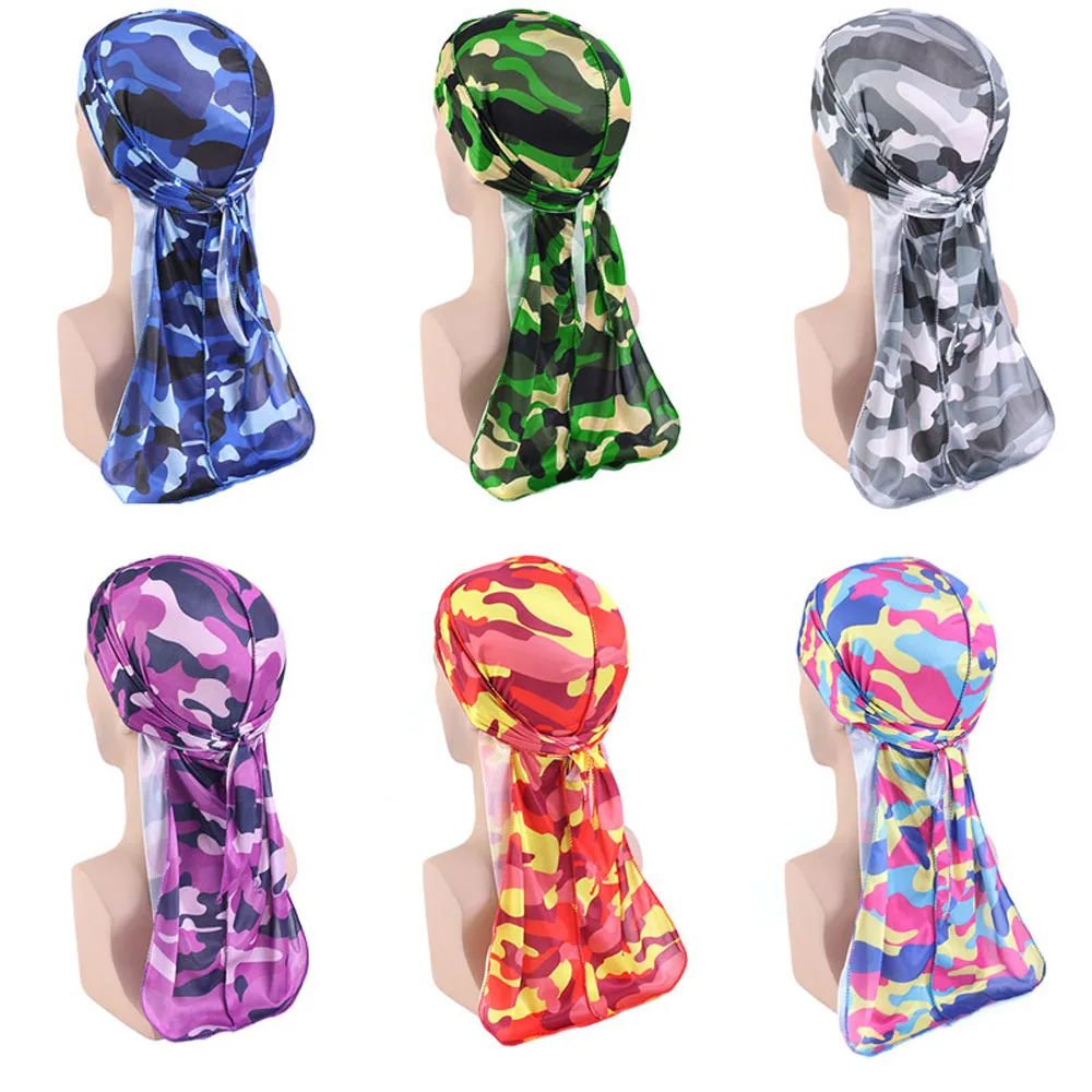 

Unisex Bandana Camouflage Silky Long Tail Hat Head Wrap Elastic Cap Scarf Men Women Pirate Hat Turban Headwear Doo Durag Cap New