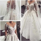 Элегантное свадебное платье принцессы с 3D эффектом, прозрачное кружевное платье-трапеция с длинными рукавами и аппликацией, свадебное платье со шлейфом, свадебное платье 2020
