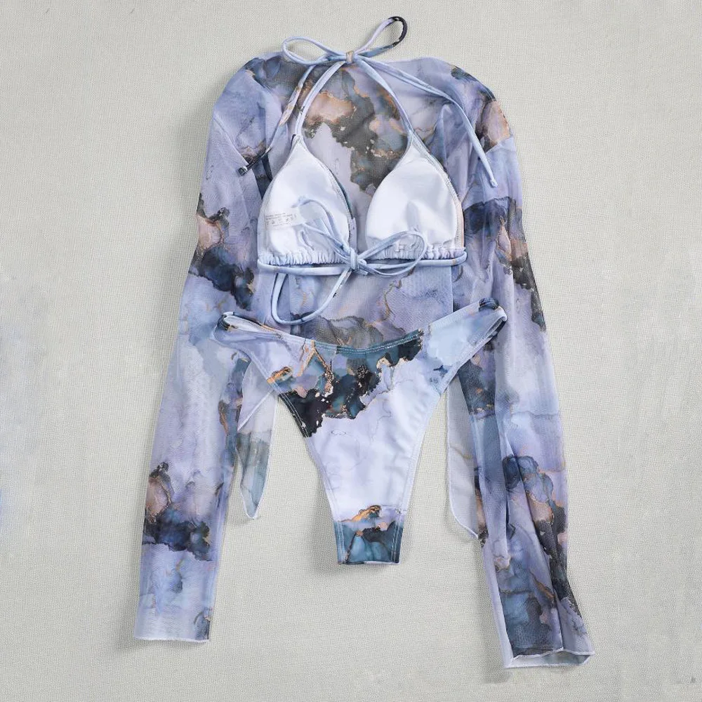 Купальник-бикини пуш-ап женский с принтом мрамора и длинным рукавом |