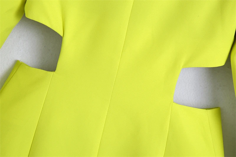 

2021 Summer New Fluorescent Yellow Design Hollow Out Jacket Long Sleeve Ladies Solid Color Women Dress Buttons Vestido