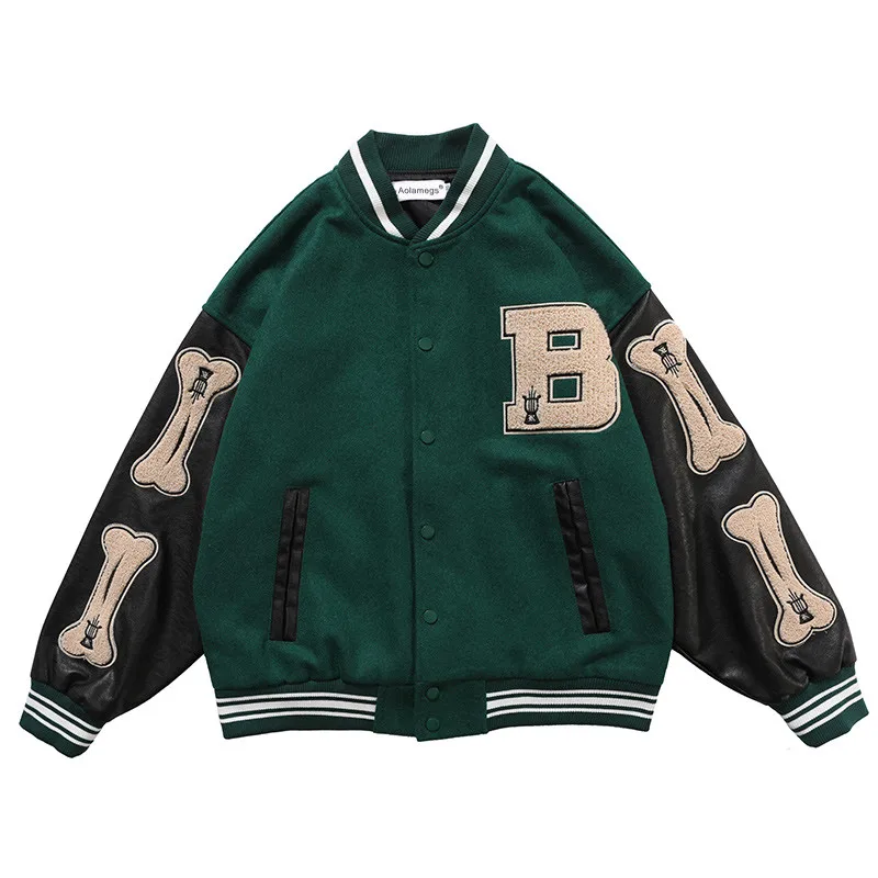 

Aolamegs Furry Bone Letter Patch Color Block Patchwork 3 color Optional Harajuku College Style Bomber Jacket Men Baseball Coats