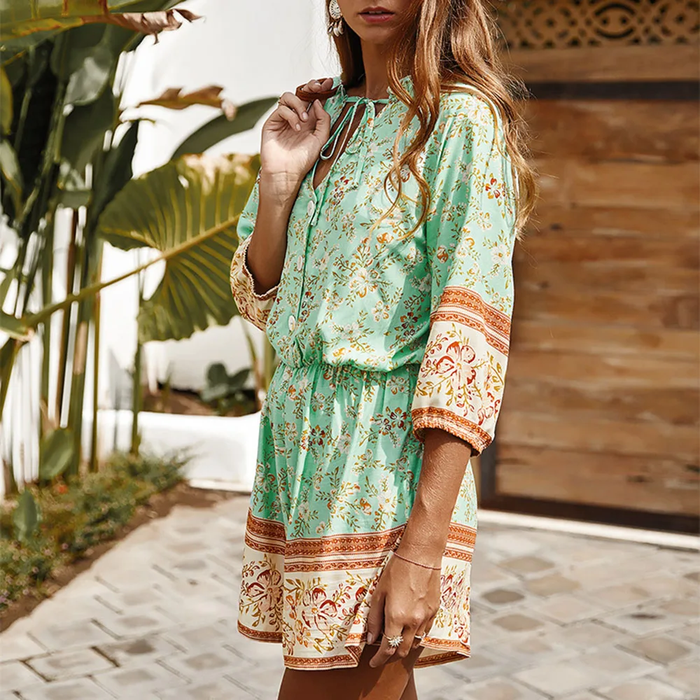 Летний цветочный принт 2020 женский комбинезон с рукавом 3/4 Ретро стиль бохо