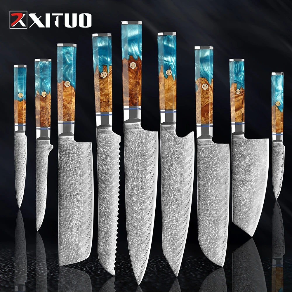 

XITUO Damascus Chef Knife Set 1-9PC Japanese Knife Meat Cutter Kiritsuke Cleaver Bread Boning Steak Knives Cooking For Kitchen