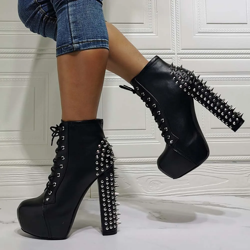 

Karinluna Sxey High Heels Fashion High Quality Punk Style Rivet Lace-Up Platform Round Toe Solid Ankle Boots woman shoes