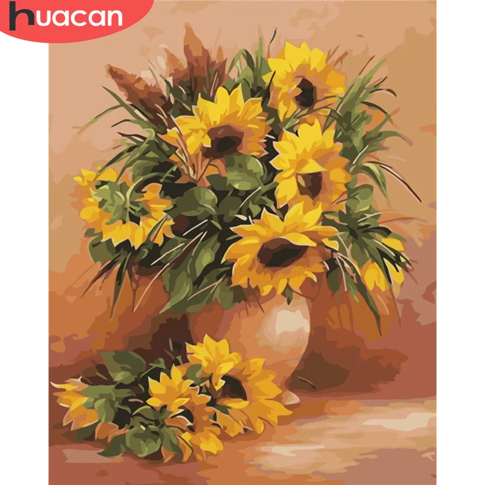 

HUACAN DIY Frame Oil Painting By Number Sunflower Drawing On Canvas Picture By Numbers Flower Kits Modern For Living Room
