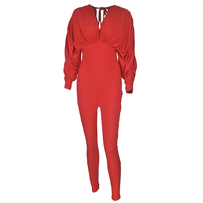 

Solid Color Sexy Women Jumpsuit Autumn Winter V neck Hollow Out Back Skinny Jumpsuits