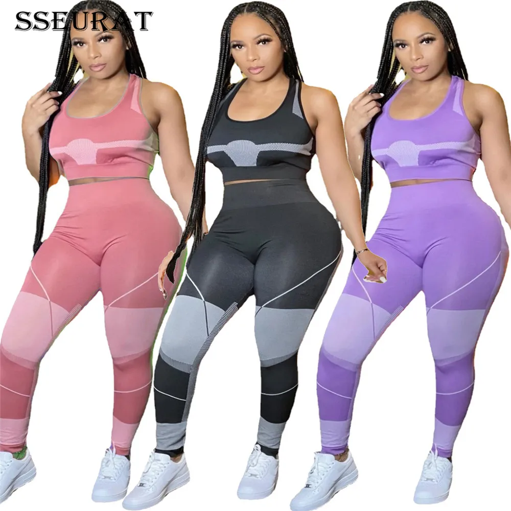 

SSEURAT Women Sets Patchwork Sleeveless Crop Vest High Waist Skinny Elastic Full Length Pants 2 Piece Set Sportswear Summer