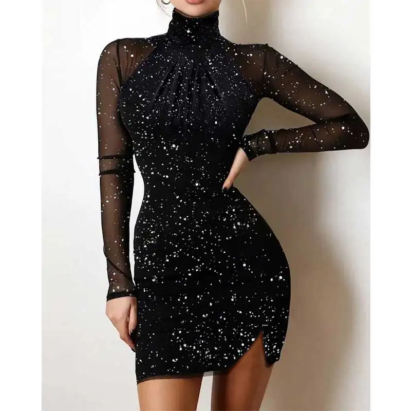 Купи Women's Clothing 2022 Elegant Dresses Turtleneck Long Sleeve Slim Bag Hip Backless Lace Patchwork Mini Dress Female Dresses за 1,018 рублей в магазине AliExpress