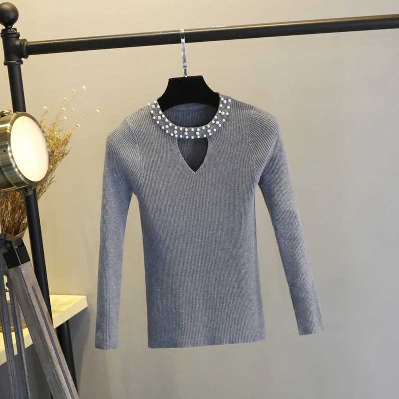 2019 жемчуг v-образным вырезом желтый женский свитер весенний тонкий пуловер