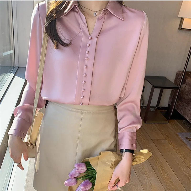 

2021 Autumn Women's Blouses Shirt Silk V-Neck Button Silk Long Sleeve Laides Tops Basic Solid Satin Fashion Women Shirts Blouse