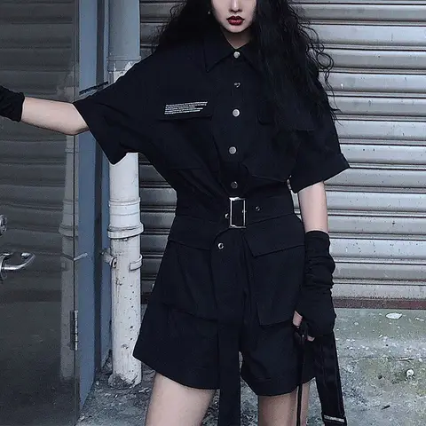 Женские комбинезоны в стиле Хай-стрит, шикарный пояс в стиле Харадзюку, одежда в стиле хип-хоп черного цвета для девушек, модные летние комбинезоны с надписью и карманами в Корейском стиле