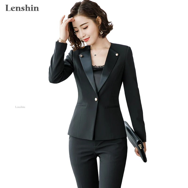 Lenshin, новинка, модные женские брючные костюмы, набор, деловые, формальные, с длинным рукавом, из кусков, блейзер и брюки, для офиса, для девушек, коричневая Рабочая форма