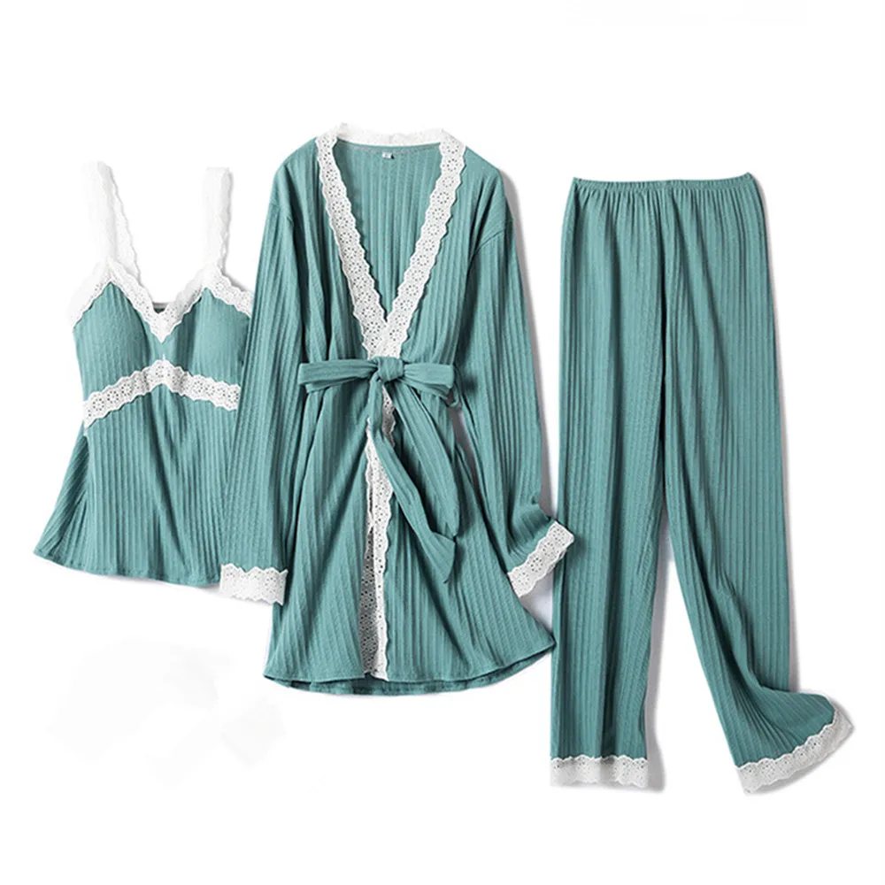 

Home Cotton Suit Spring Autumn New Long Sleeve Sleepwear For Womens Home Sets 3 Piece Set Ladies Lingerie Set Pyjama