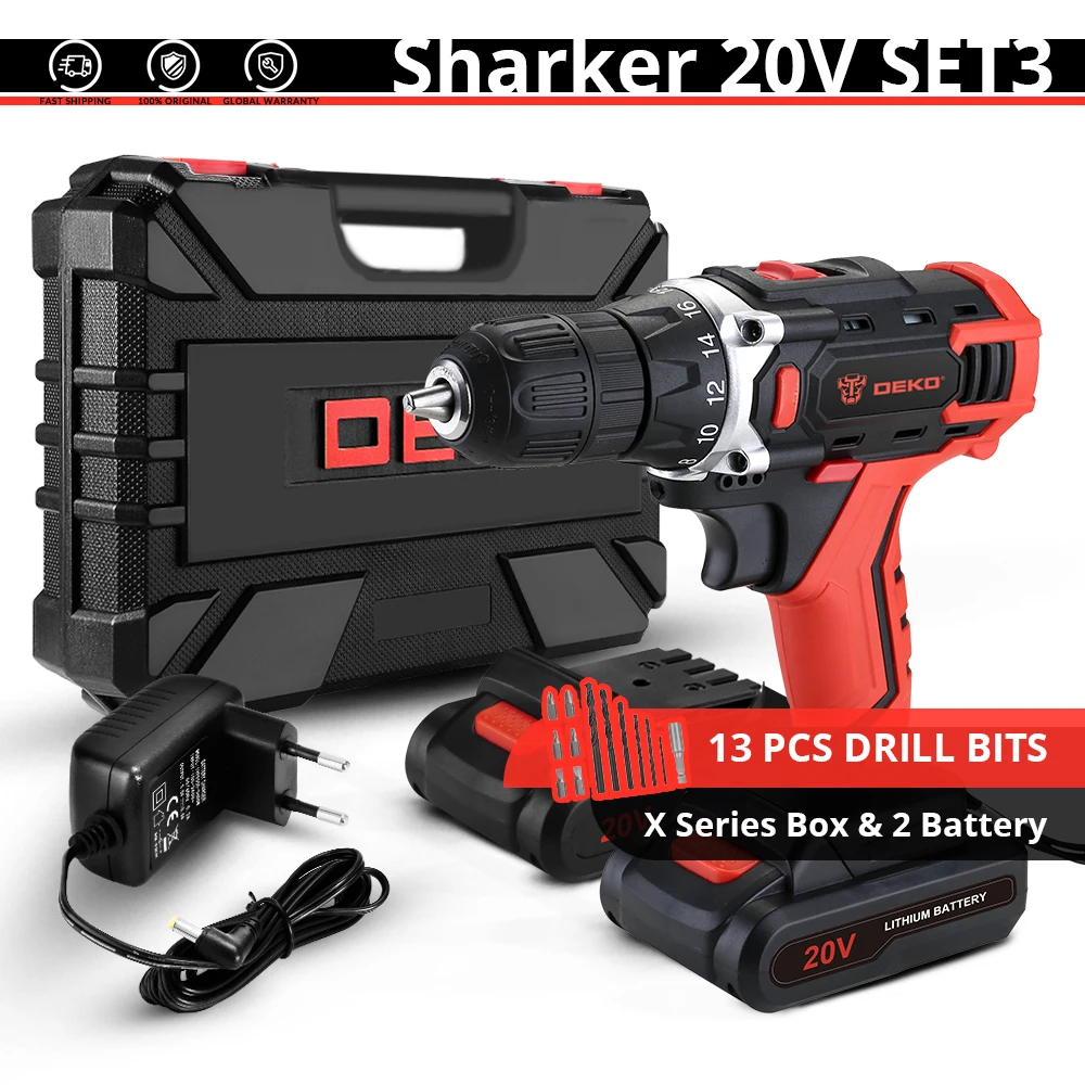 DEKO New Sharker 20 в Беспроводная сверлильная электрическая отвертка мини беспроводной драйвер питания литий-ионный аккумулятор постоянного тока 3/8 дюйма 2 скорости - Цвет: Sharker 20V SET3