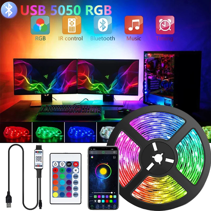 

Светодиодные ленты 5 В, USB, гибкая подсветка для телевизора, лента 5050 RGB с диодами, совместимая с Bluetooth, фоновые лампы для комнаты, 5 м, стены, спа...