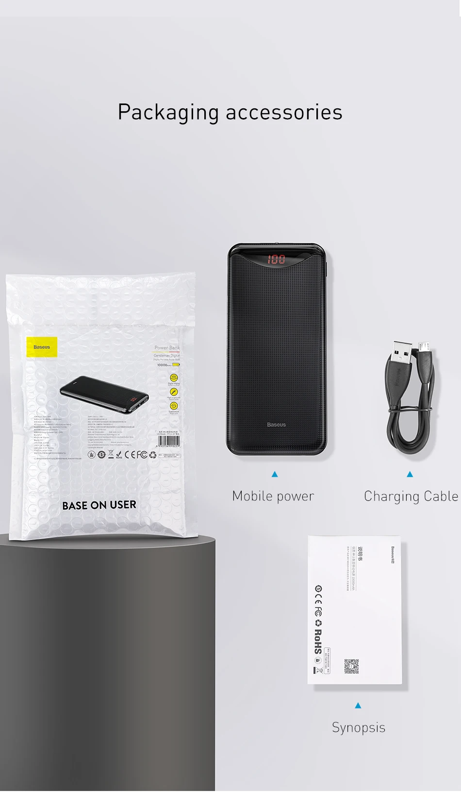 Baseus тонкий внешний аккумулятор 10000 мАч с двумя usb-портами и фонариком для iPhone 11 Pro samsung, портативный внешний аккумулятор