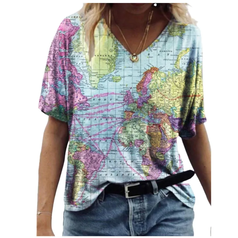 

3XL Oversized Summer Ladies Tops Loose Plus Size Casual T Shirt Women Short Sleeve V-Neck 3D Map Print Top New Fashion Tee