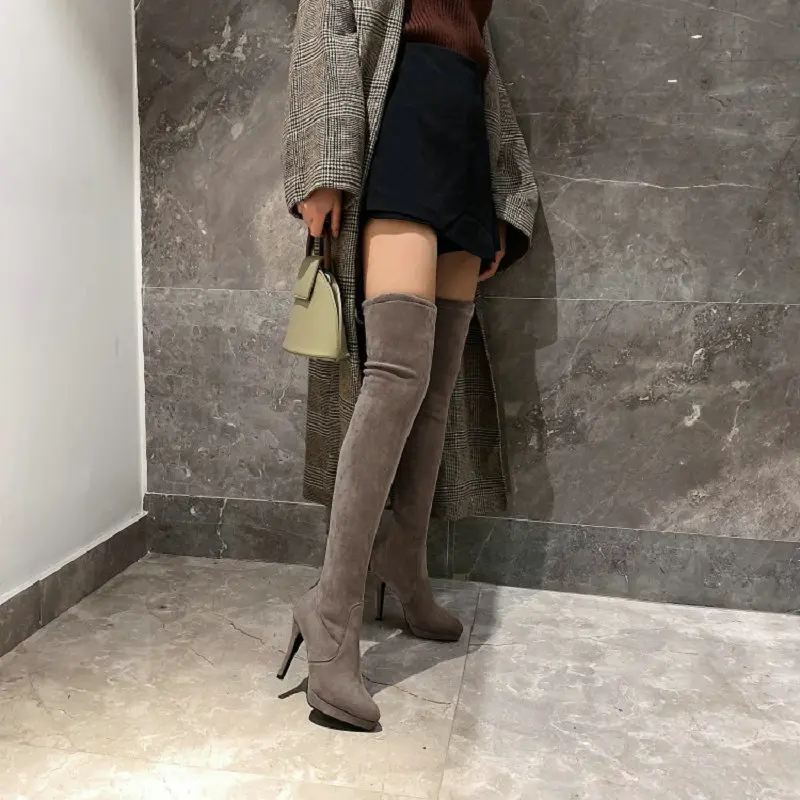 

Sianie Tianie Grey Khaki Pointed Toe Thin High Heels Strappy Slim Women's Overknees Sexy Woman Over The Knee Thigh Stretch Boots