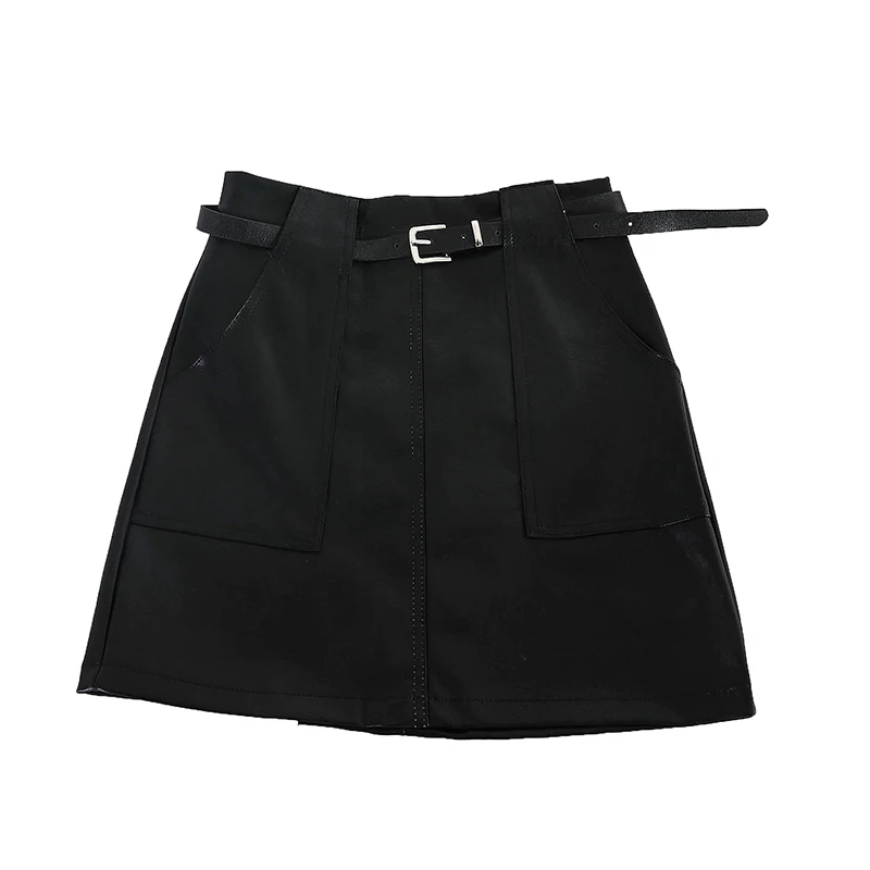 Осенне зимняя женская модная однотонная мини юбка из искусственной кожи с ремнем
