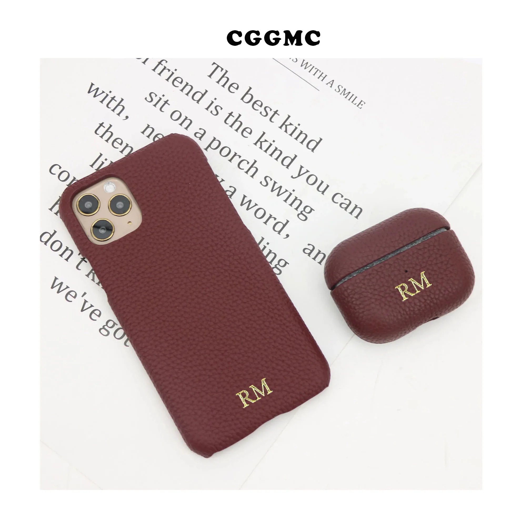 Monogrammed Grain Leather Case Set For Airpods 1 2 Pro and  Case for Iphone 11 12 13 Pro Max Protective Cover for Iphone/Airpods