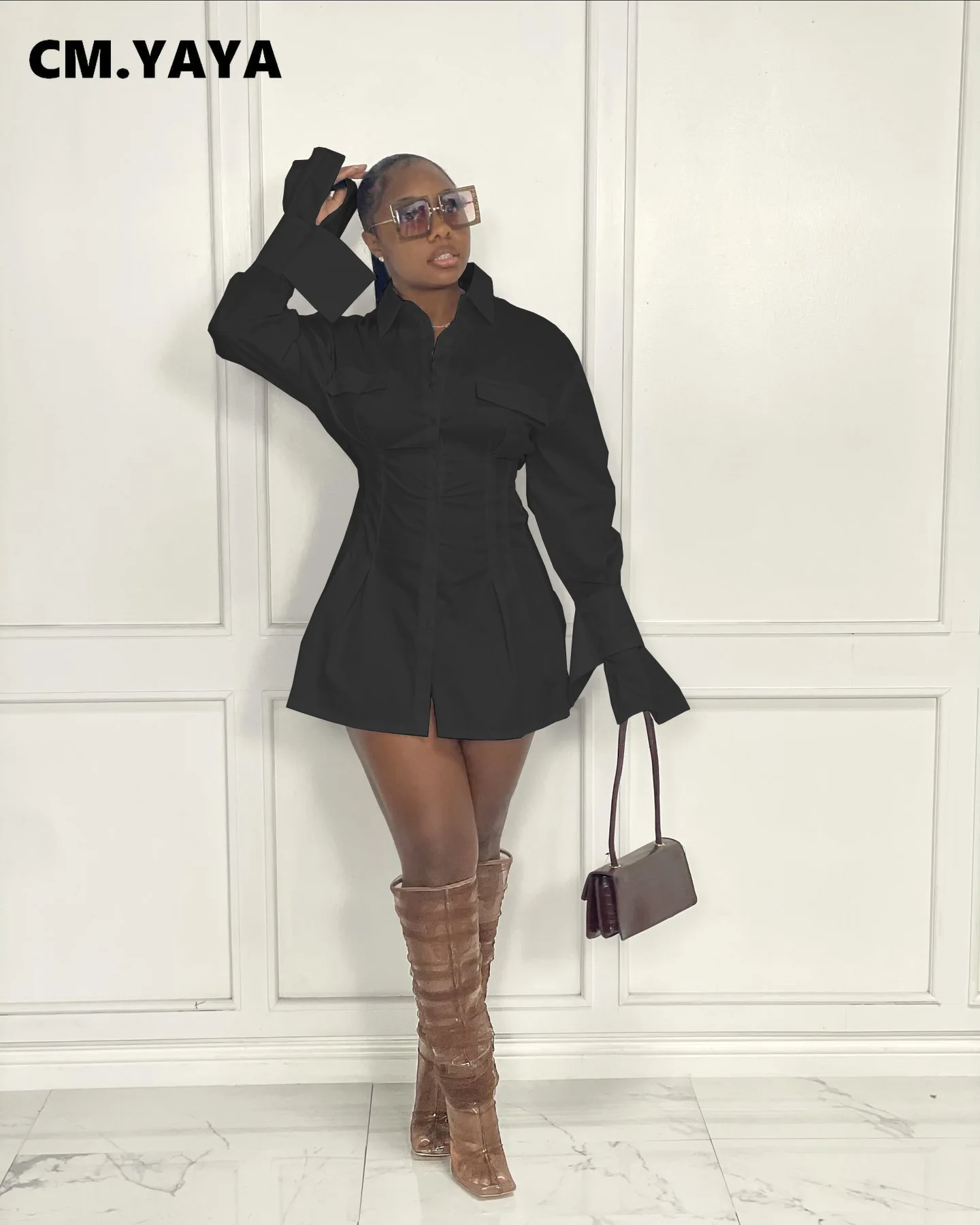 Женская осенне-зимняя блузка CM.YAYA элегантное однотонное классическое