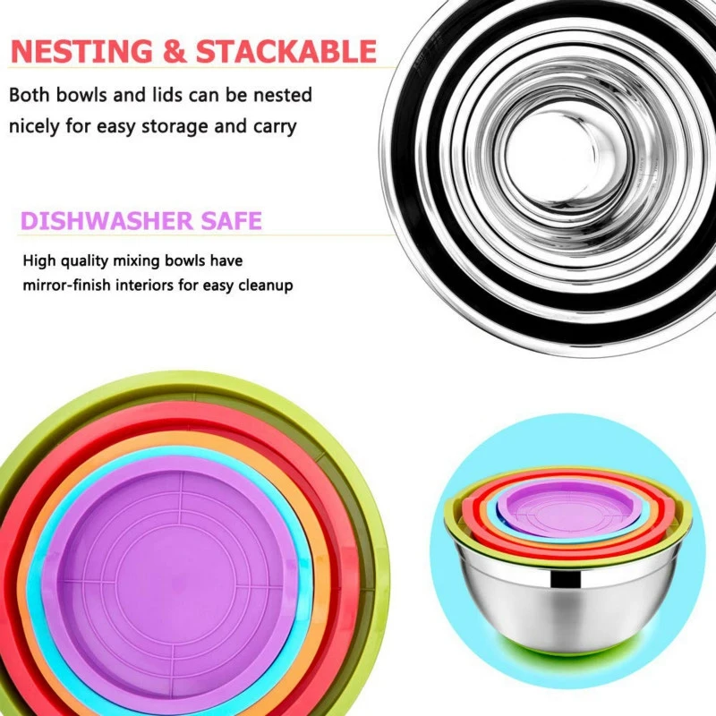 

5Pcs Stainless Steel Mixing Bowls Stainless Steel Diameter Metal Nesting Bowls with Colorful Airtight Lids Non-Slip Bottoms