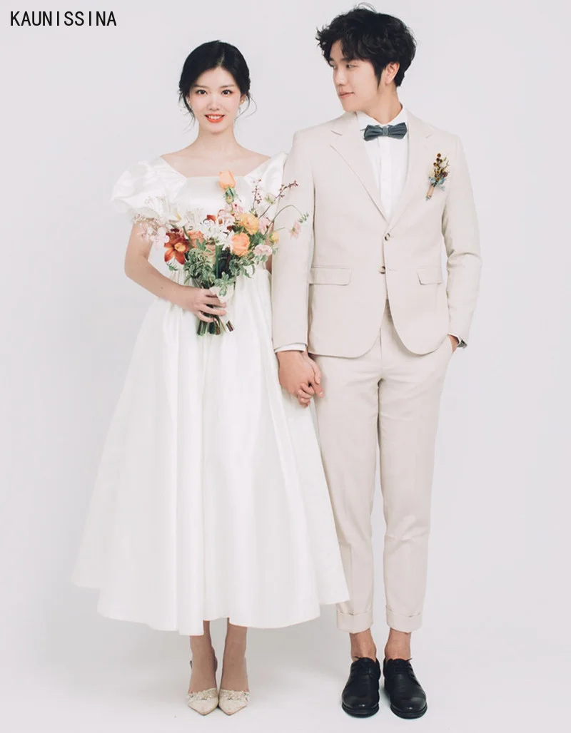 

KAUNISSINA Satin Wedding Dress Square Collar Simple White Vintage Bride Wedding Gowns Women Puff Sleeve A-Line Bridal Dresses