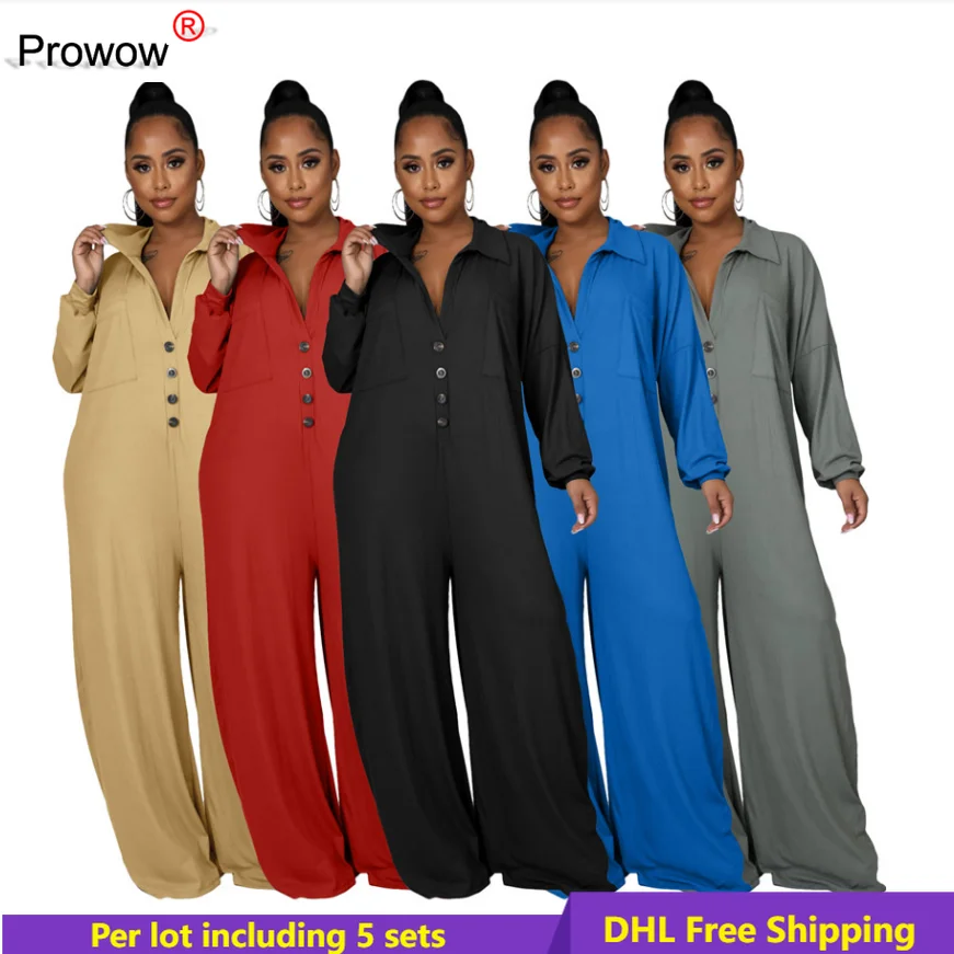 

PROWOW Jumpsuits for Women Long Sleeve Wide Leg Pants Turn Down Collar Loose Rompers Fall Clothes Wholesale Bulk DHL 6755