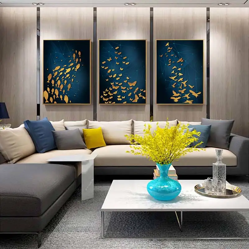 Золотая рыбка Картина Бабочка синий холст картины абстрактные печать настенные