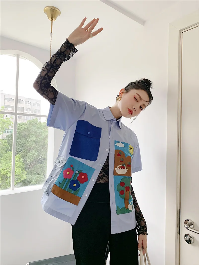 

Harajuku Print Pattern Women Big Pockets Shirt Short Sleeve Turn-down Temperament Fashion Loose Casual Blouse New Summer 2021