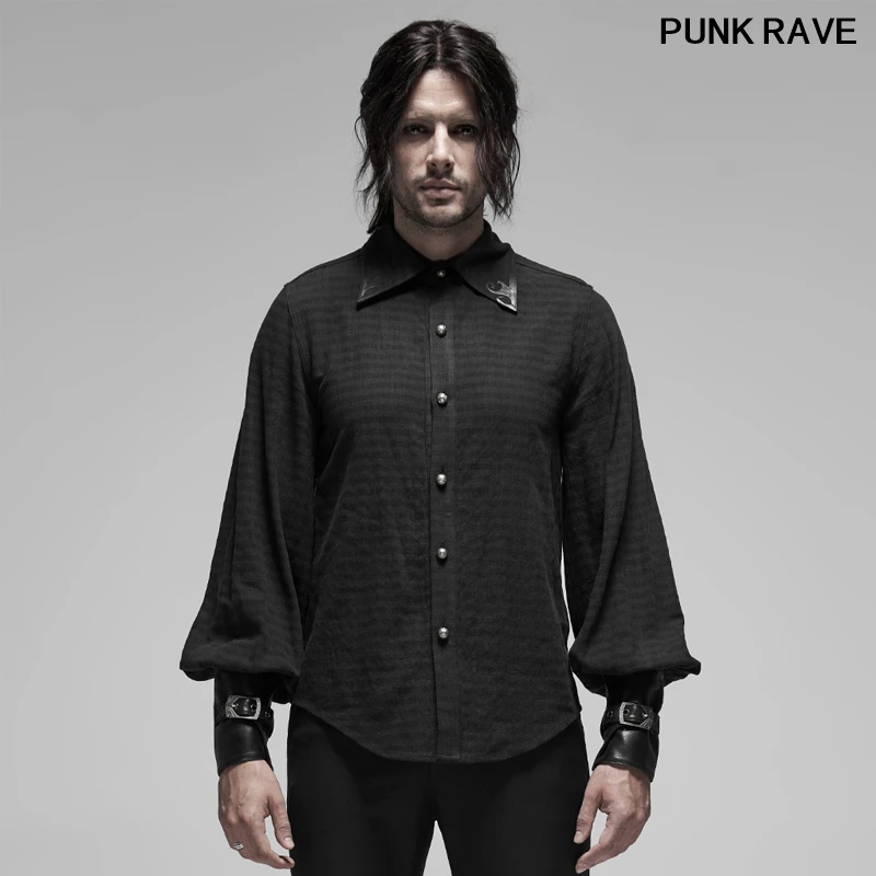 

Punk Handsome Fashion Stage Cosplay Long PU leather Sleeve Blouse Steampunk Applique collar cool Men Shirt PUNK RAVE WY-1168CCM
