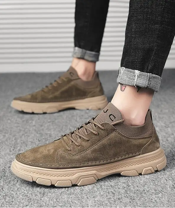 

Sneakers Men Shoes Casual Natural Leather Fashion Outdoor Shoe Male Suede Lightweight Vintage Footwear Lace-up Solid Sock Shoes
