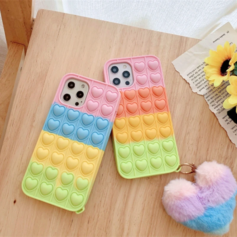 

Love Heart Relive Stress Fidget Toys Push It Bubble Case For iPhone 11Pro MAX 12 7 8 Plus X XS MAX Antistress Sensory Soft Cover