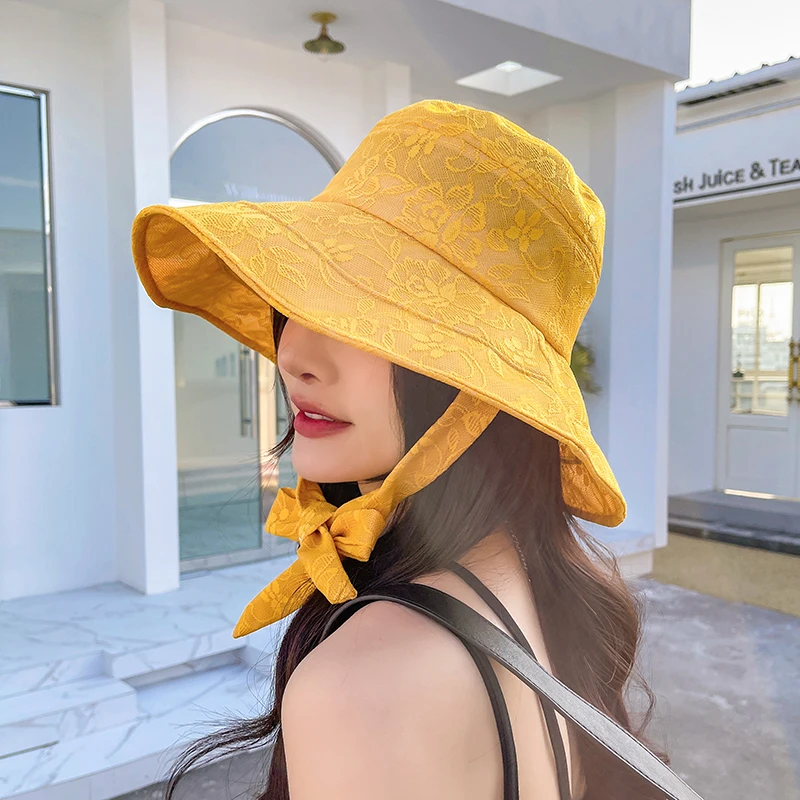 

New Fashion Women Summer Hat Ladies Solid Lace Wide Brim Sun Hat Bucket Cap Female Elegant Packable Panama Beach Hat