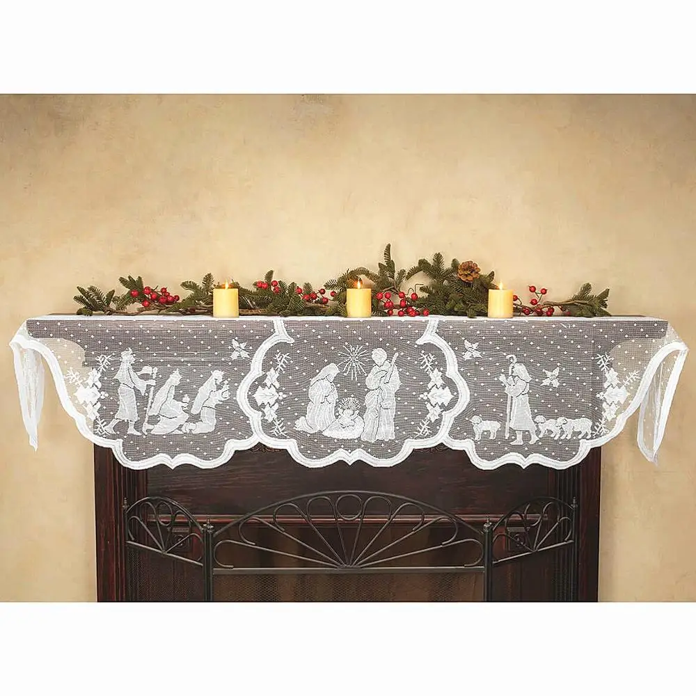 

1pcs Christmas Lace Tablecloth Virgin Mary Religious Day Fireplace Cover Fashion Table Runner Furnace Cloth Home Party Supplies