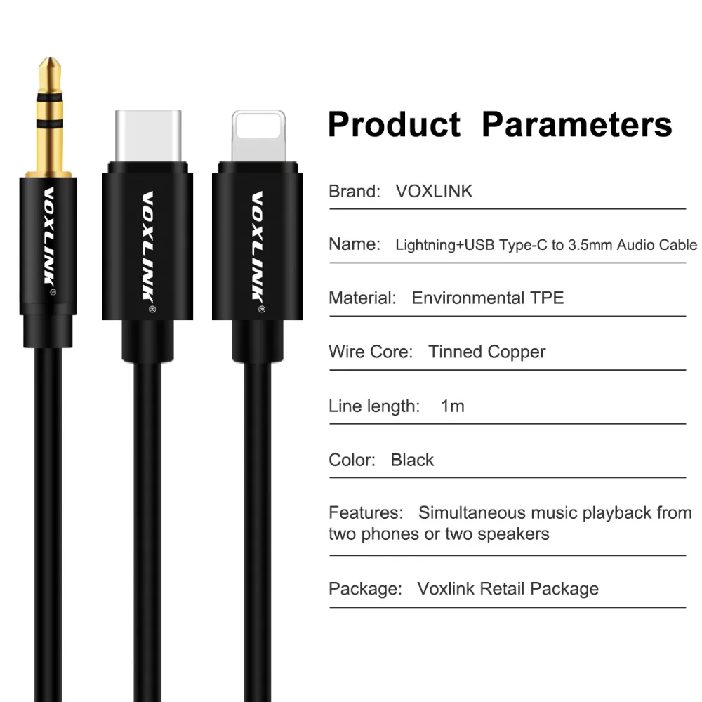 Кабель Aux VOXLINK 2 в 1 8 контактный + USB Type C до 3 5 мм автомобильный аудиокабель адаптер